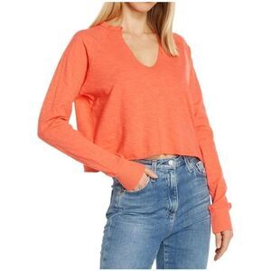 NWOT Bobi Los Angeles Hot Coral Split-Neck Crop Top Long Sleeve Shirt Women’s L